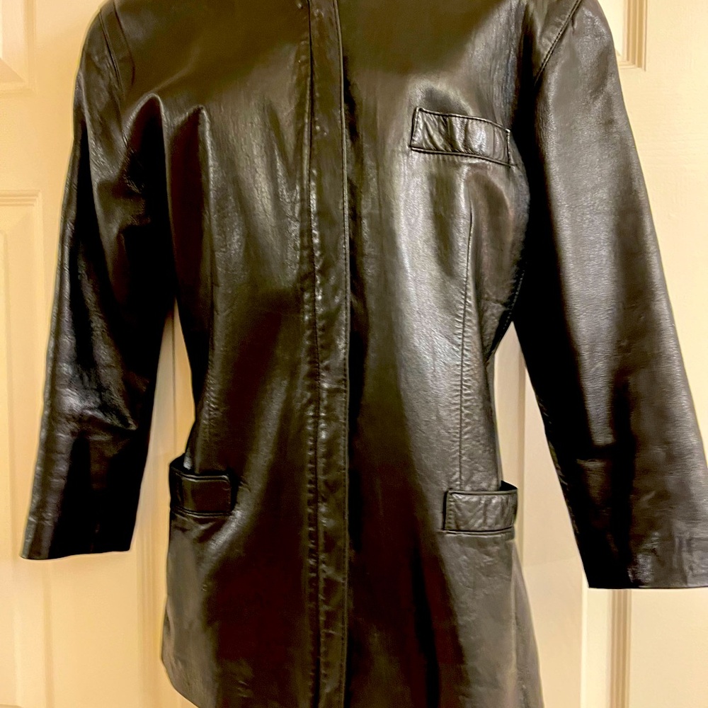 Petite black lamb skin leather jacket with Crawford shoulders, 3/4 sleeve.
